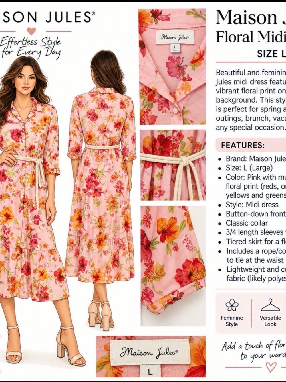 Maison Jules Pink Floral Midi Dress with Red and Orange Blooms